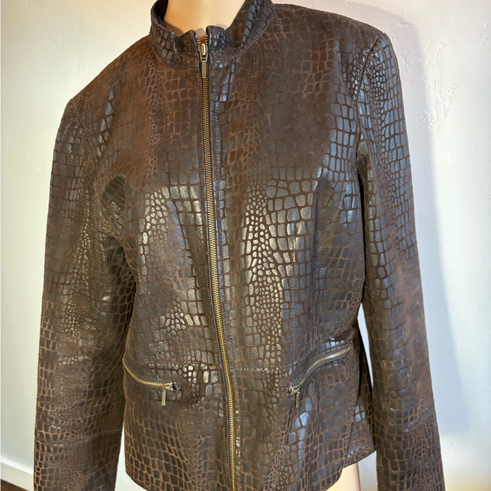 Alfani Brown Snake  Pattern 100% Leather Zip Front Jacket Size Large